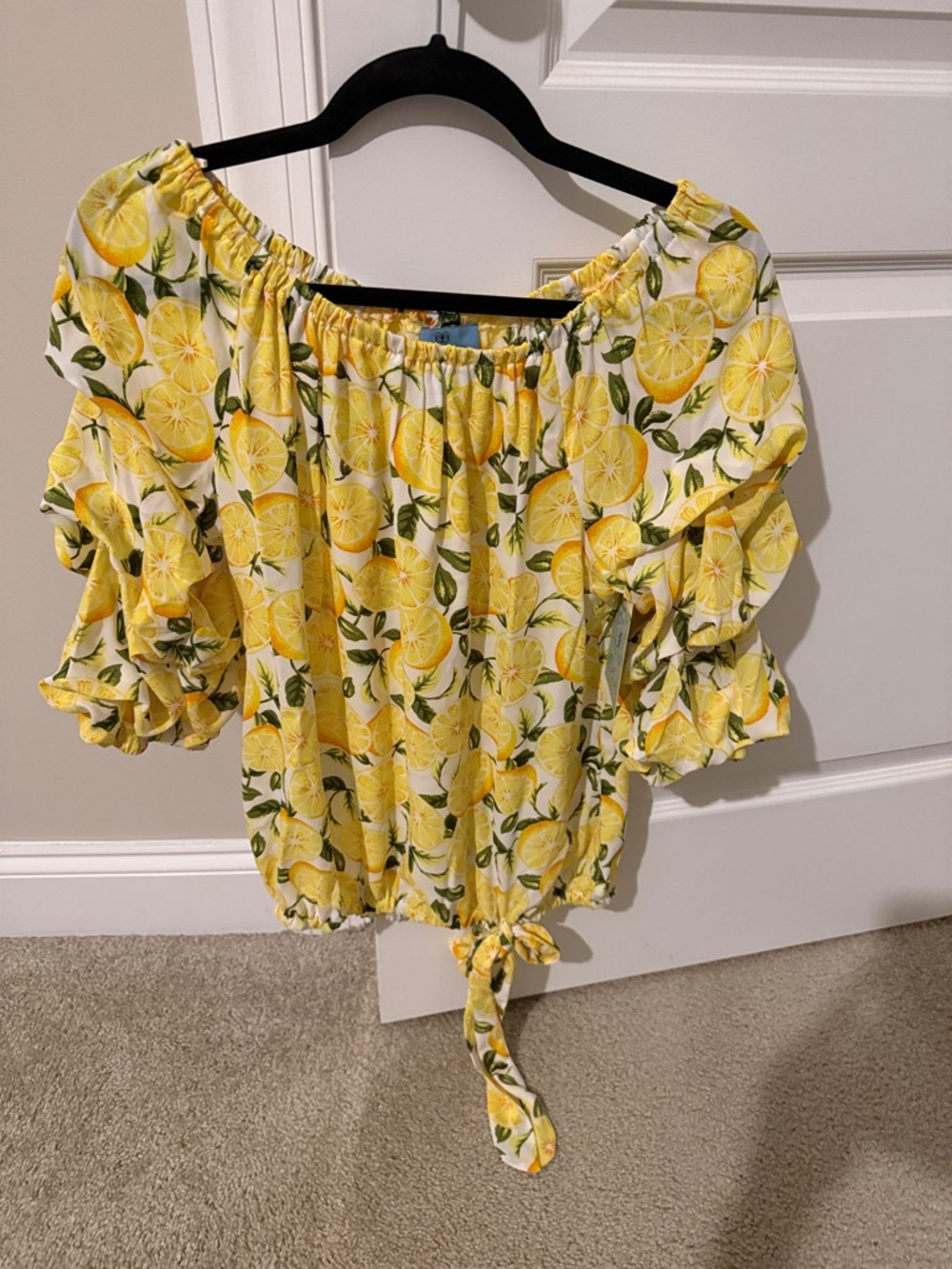 CeCe Yellow Lemon-Print Off-Shoulder Tie-Hem Blouse